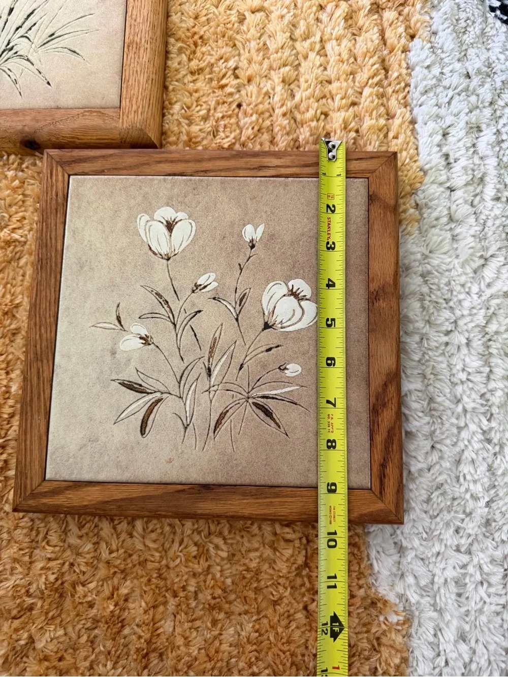 1970 Large Trivet Frame Heavy Ceramic Tile Wheat | White Flowers Pattern